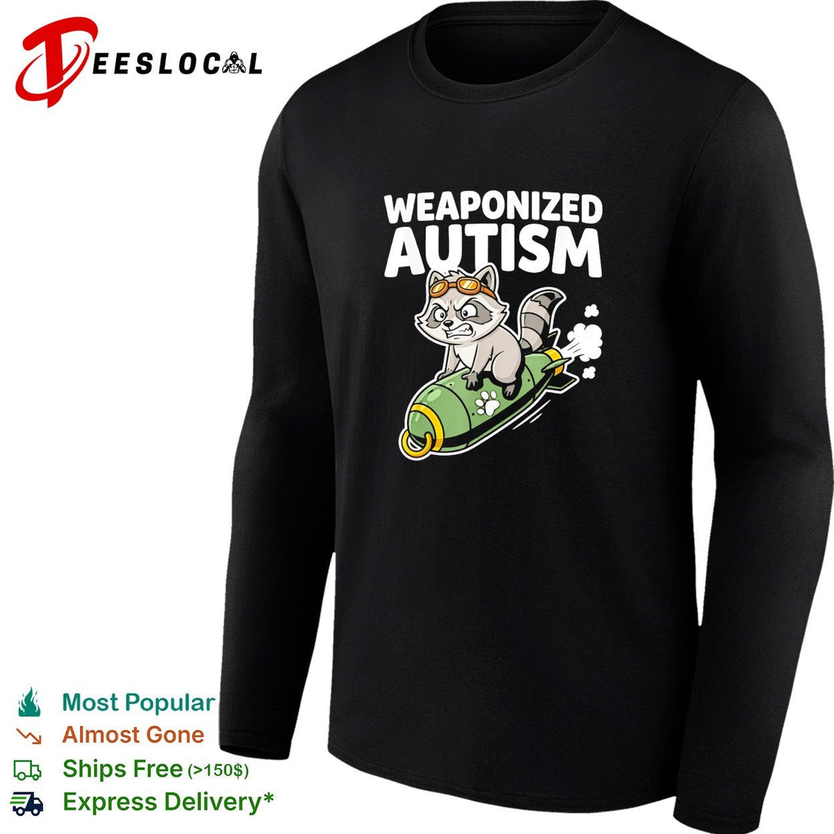 Weaponized autism raccoon riding rocket bomb funny parody humor casual cotton shirt Unisex
