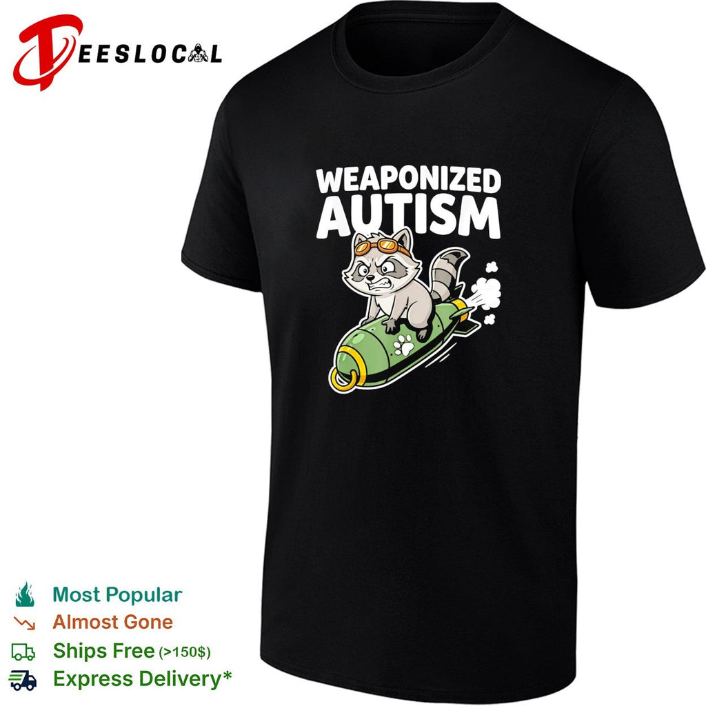 Weaponized autism raccoon riding rocket bomb funny parody humor casual cotton shirt Unisex