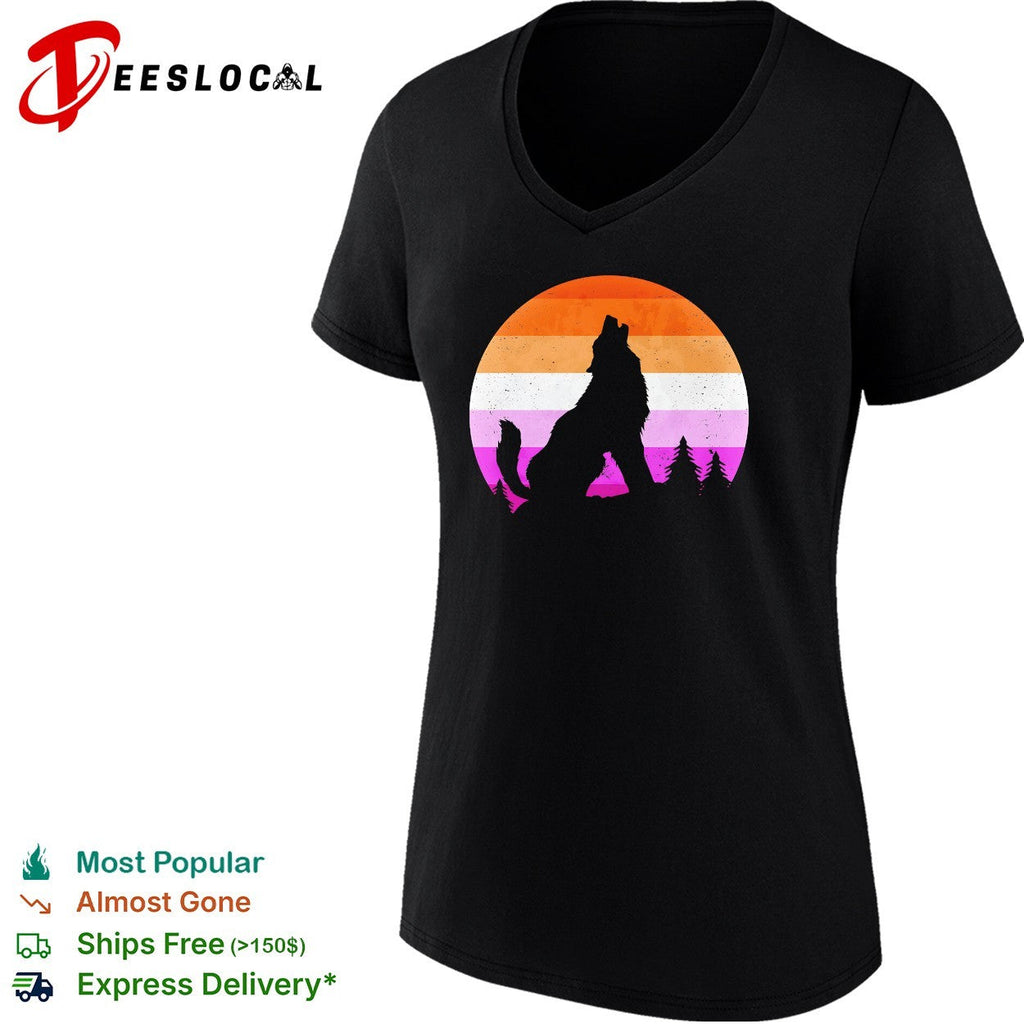 Wolf howling lesbian pride flag sunset retro silhouette shirt Unisex