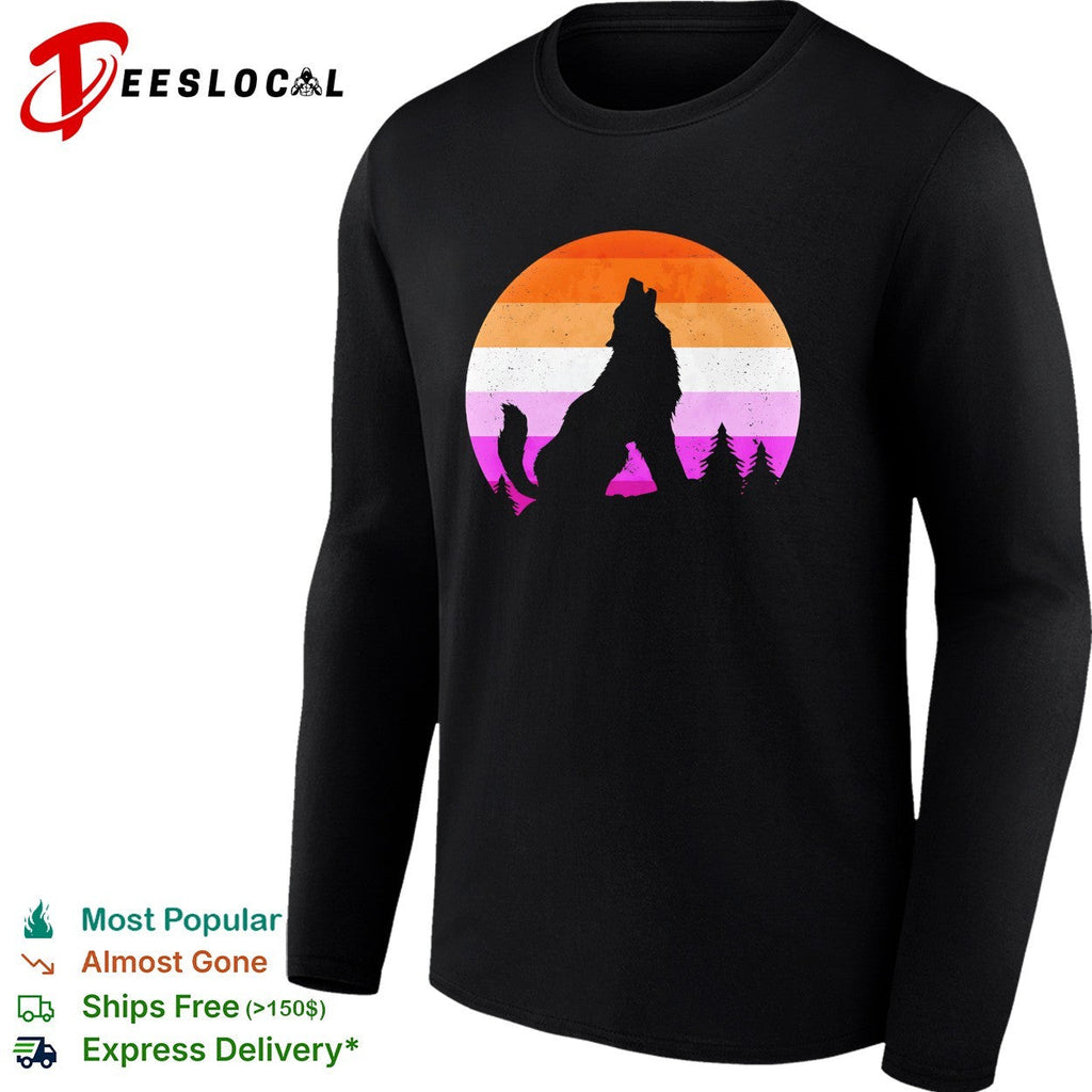 Wolf howling lesbian pride flag sunset retro silhouette shirt Unisex