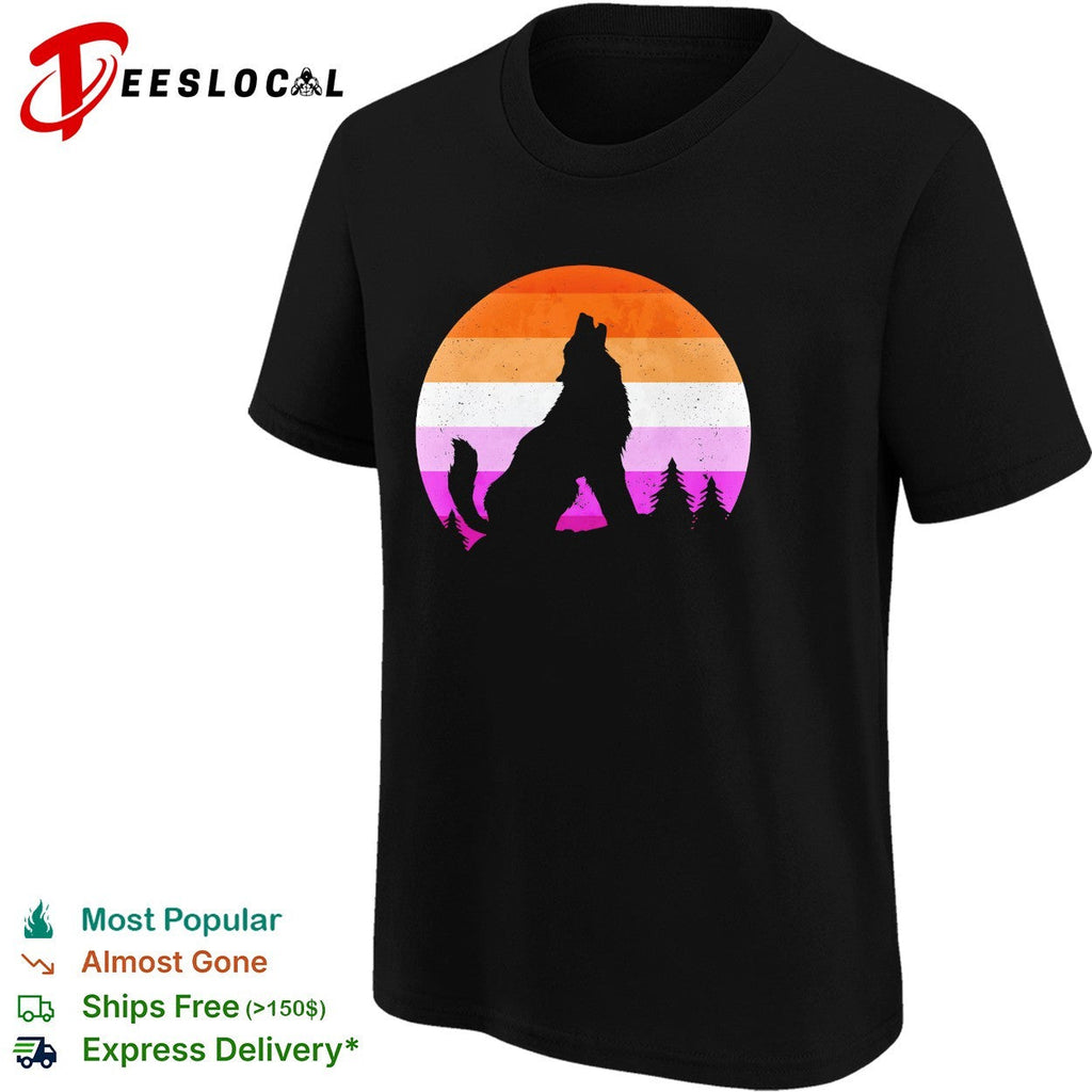 Wolf howling lesbian pride flag sunset retro silhouette shirt Unisex