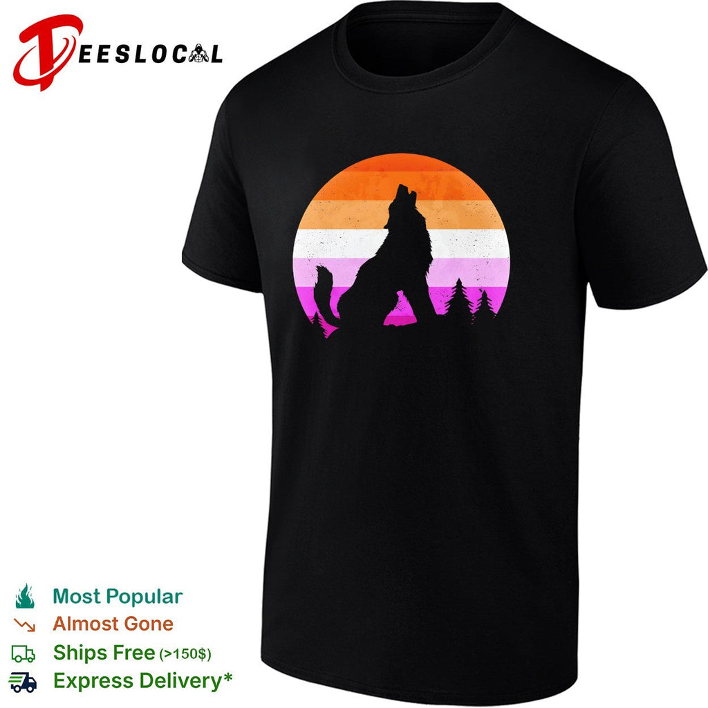 Wolf howling lesbian pride flag sunset retro silhouette shirt Unisex
