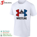 Wrestling red and blue wrestler silhouette icon bold lettering graphic shirt Unisex