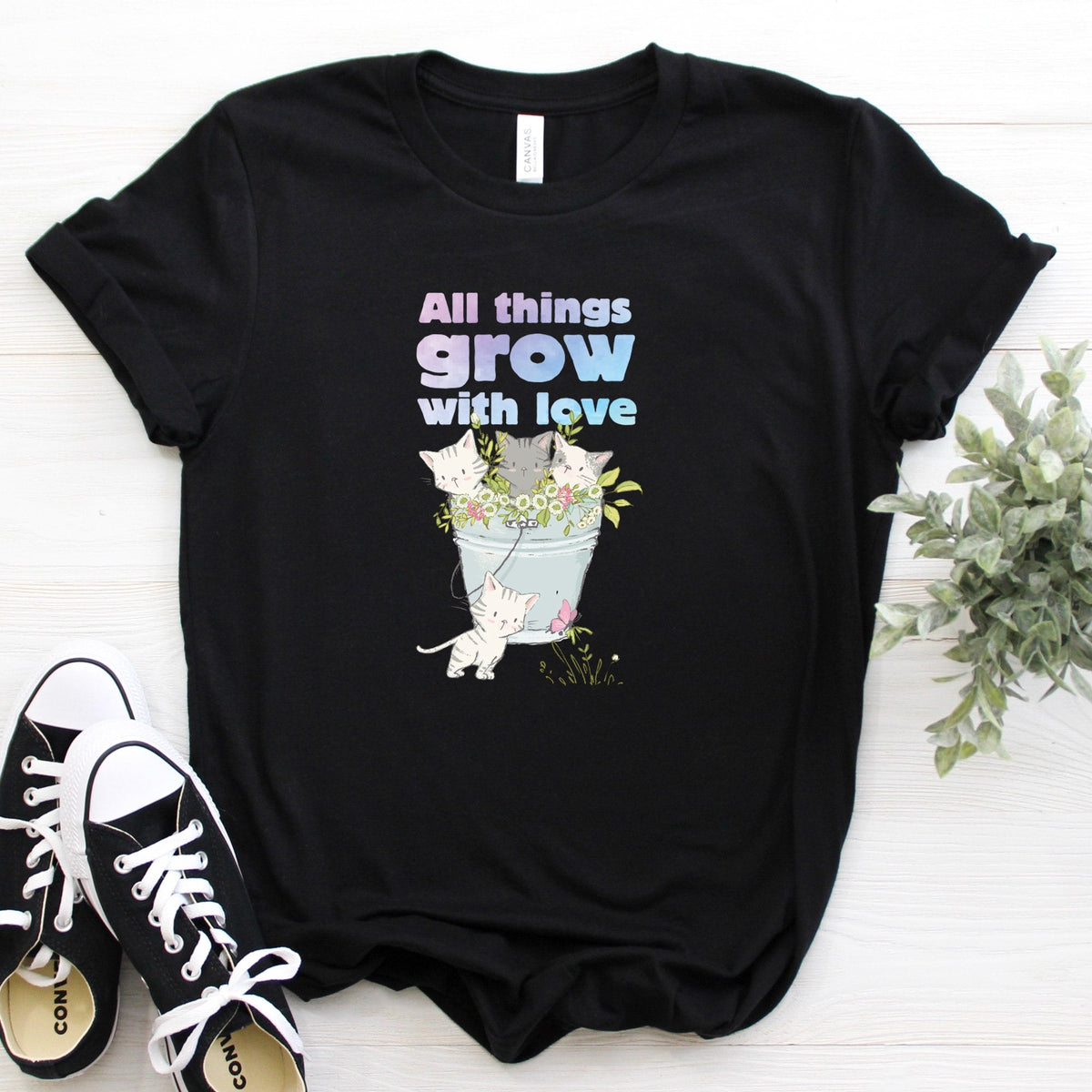 Things Grow Love Kitten Spring Nature Tee Catlover Cat Lover Flower Concept