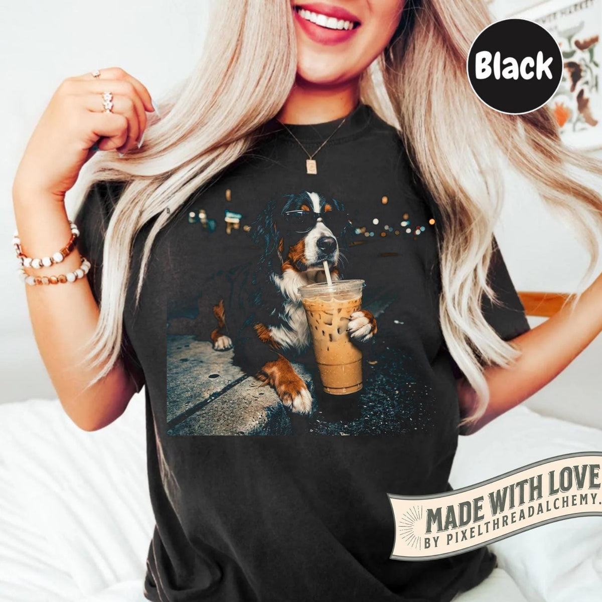 Bernese Mountain Dog Iced Coffee Dog Mom Art Tee Berner Lover Comfort Colors