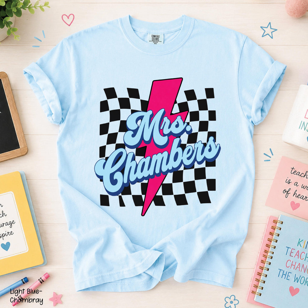 Teacher Custom Teacher Name Personalized Educator Retro Checkerboard Lightning Bolt Tee