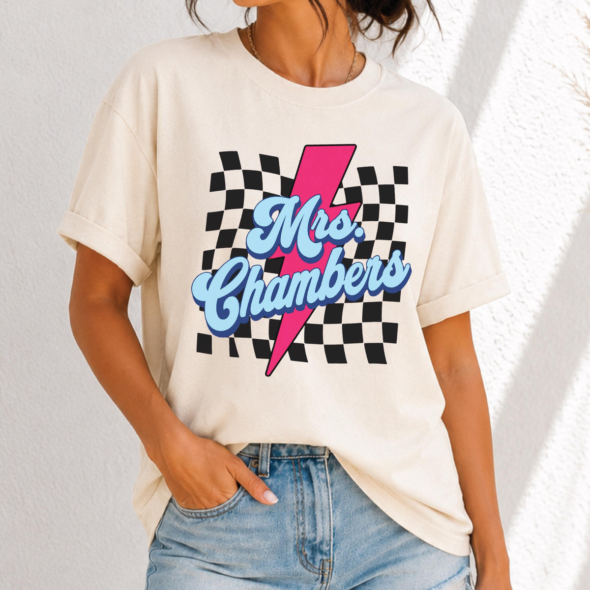Teacher Custom Teacher Name Personalized Educator Retro Checkerboard Lightning Bolt Tee