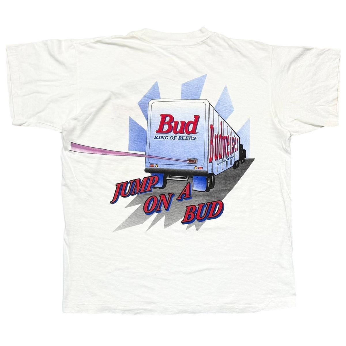 Budweiser JUMP ON BUD FROG & TRUCK WHITE SHORT HILLS TEE XL 5870