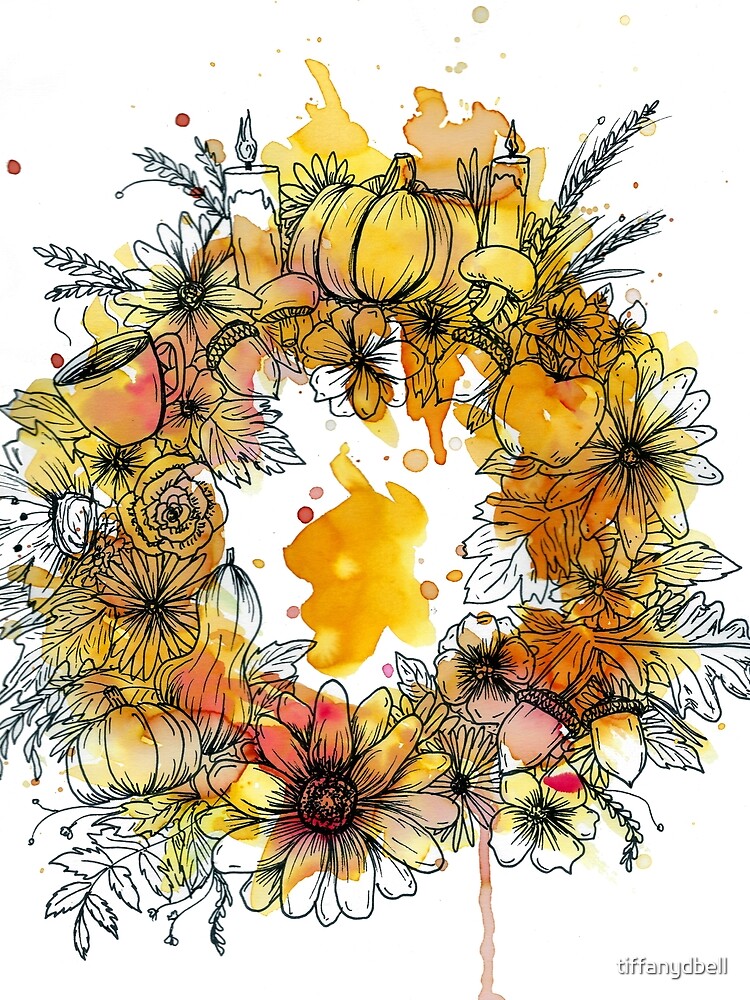 Fall Wreath Watercolor Line Art by Tiffany Bell