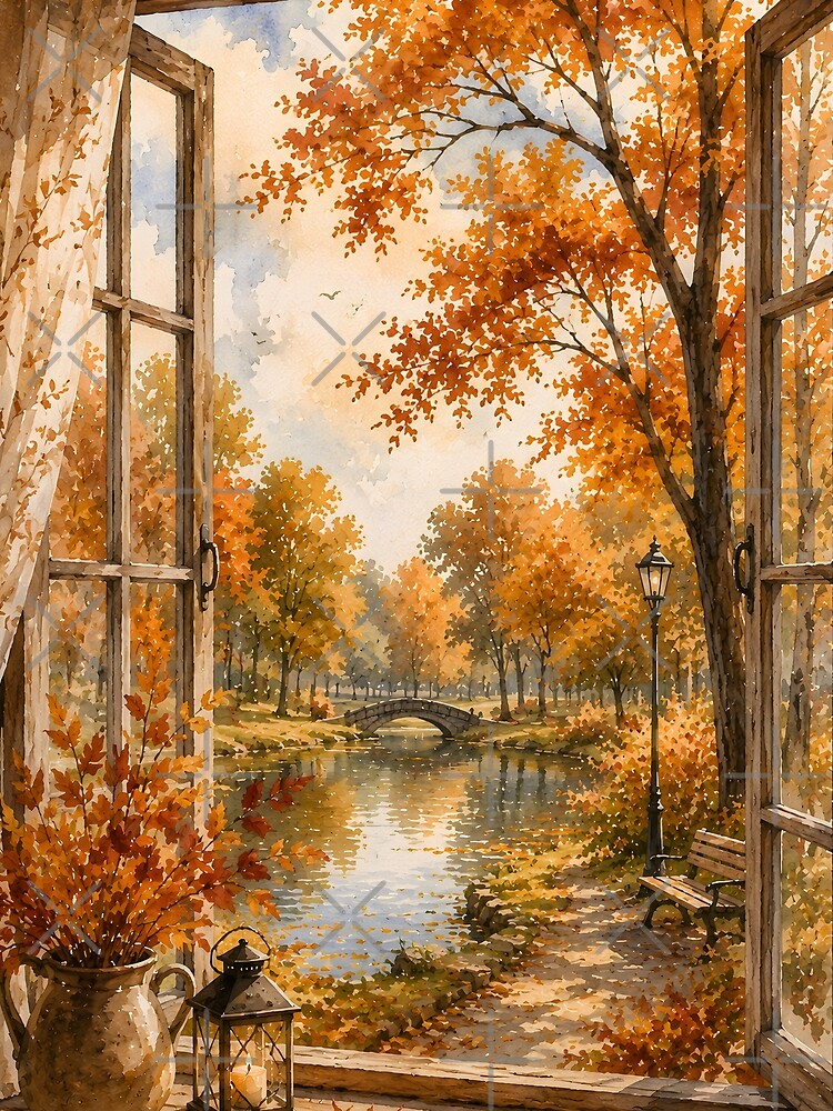 Cozy Autumn Window View – Watercolor Fall Park by blankTeeShirt