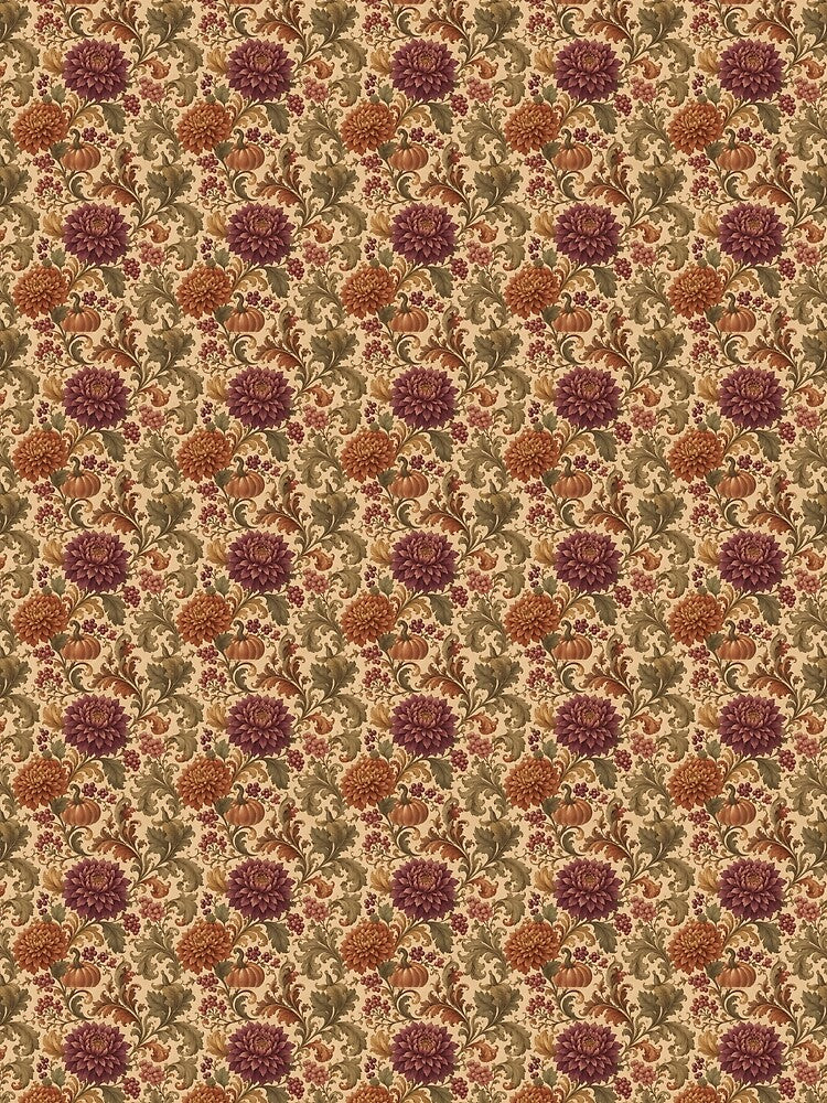 Vintage Autumn Floral Pattern with Pumpkins, Chrysanthemums and Berries by ArtDesignRemix