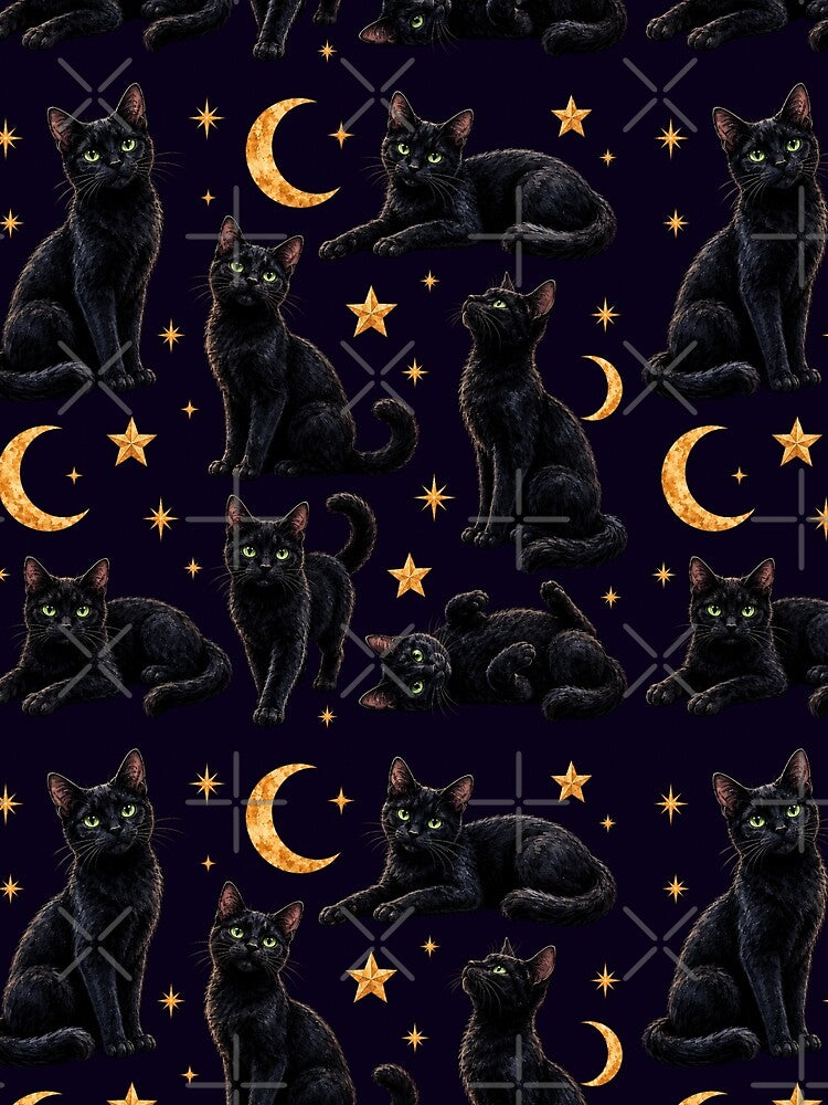 Black Cat Watercolor Moon Stars Seamless Pattern by Inkworksbyshery