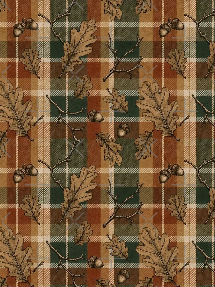 Autumn Academia Oxford Plaid with Oak Leaves and Acorns in Rust by StickyGuys