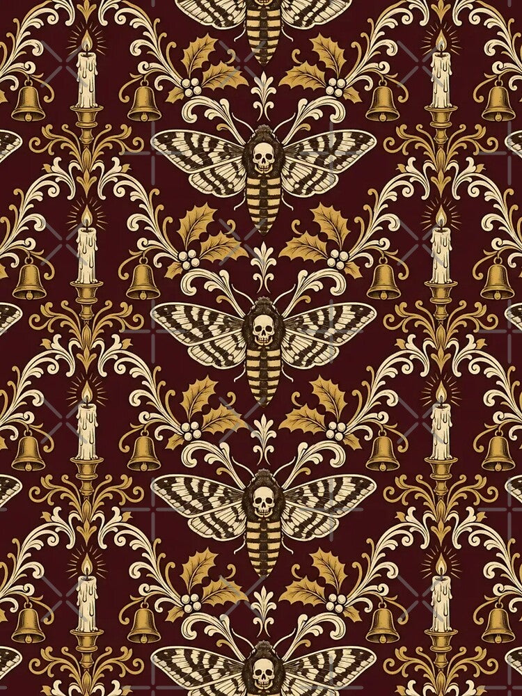 Christmas Moth Candlelight Damask | Oxblood Gothic Winter Repeat Pattern by StickyGuys