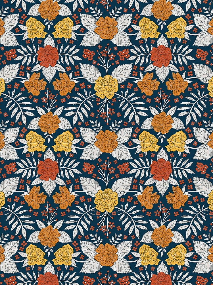Navy Blue, Yellow, Orange & White Floral Pattern by somecallmebeth