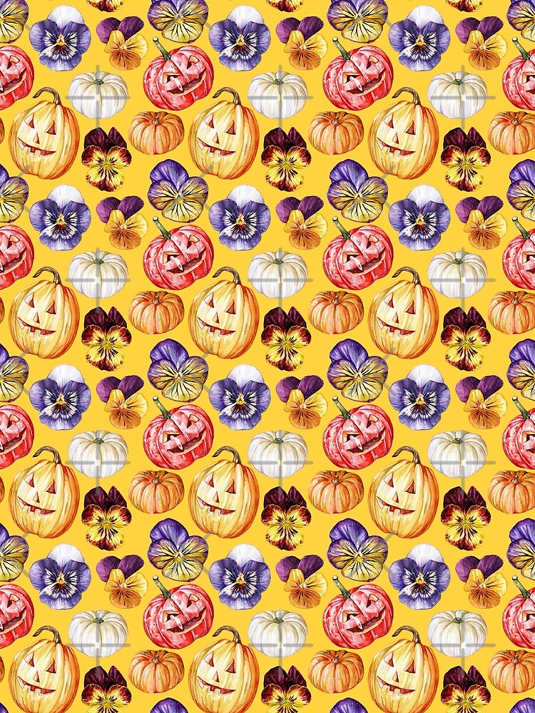 Halloween Pumpkins and Pansies Yellow Pattern by Katariina Purru