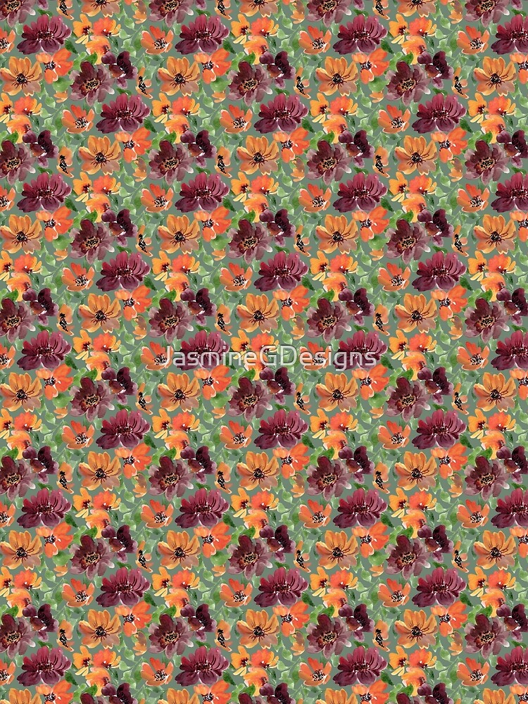 Rich Fall Blooms Watercolor Flowers Forest Green by JasmineGDesigns