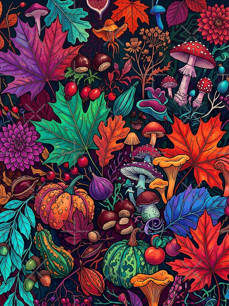 Vibrant Autumn Botanical Mushroom Pattern by Ivy-Triggs