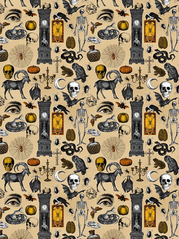 Halloween pattern with skulls, crows, bats and goats on beige by JuliaPop