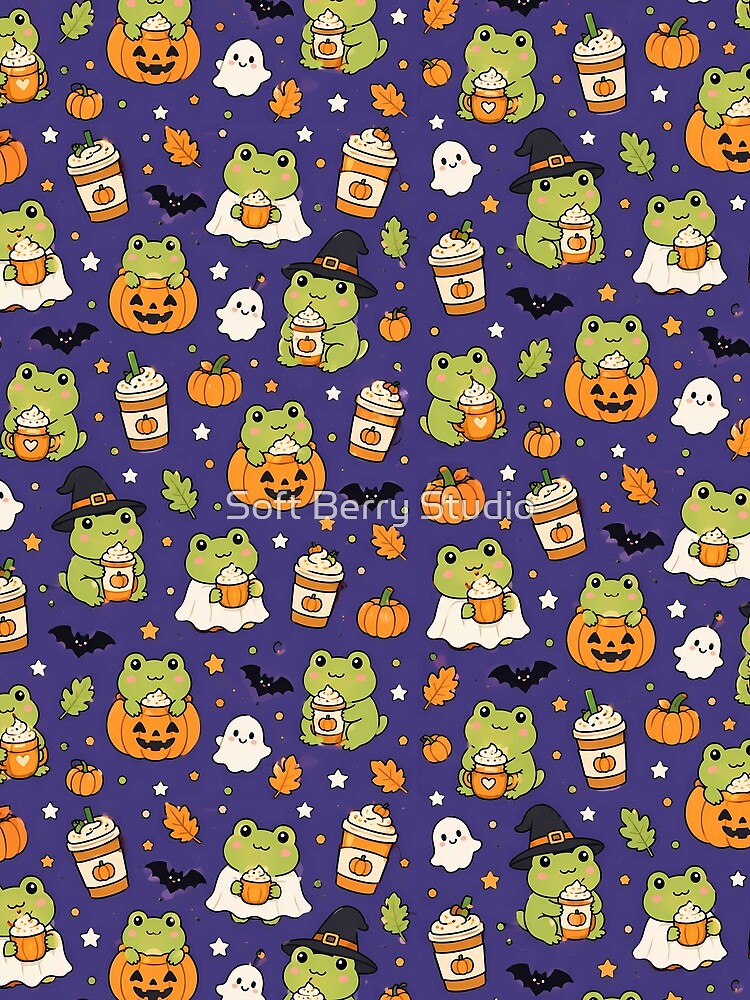 Frog Pumpkin Latte Kawaii Pattern by Soft Berry Studio