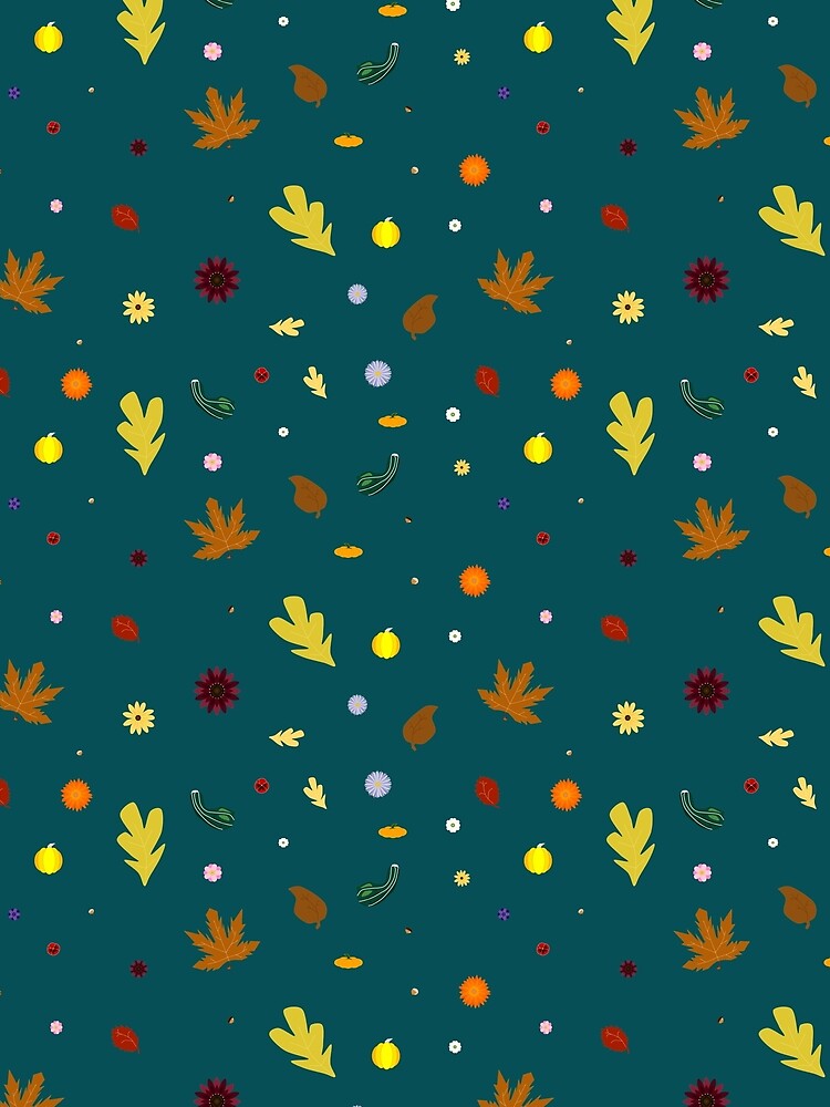 AUTUMN - Fall Leaves, Gourds, Flowers, and Acorns Version 2 (Deep Turquoise) by CoraDaffodil