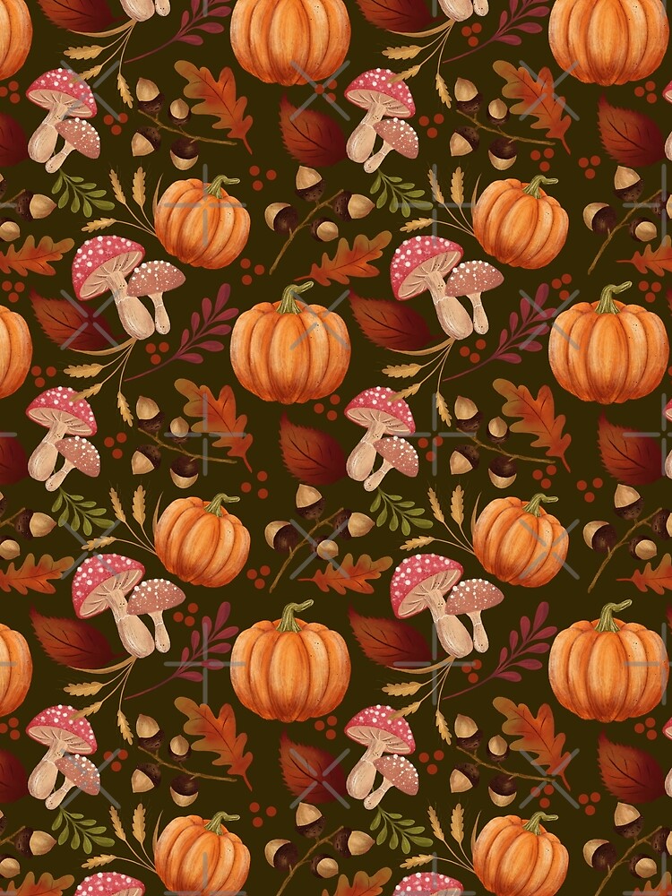 Pumpkin, Mushroom and Acorns Pattern Green Background by ByAllyAlly
