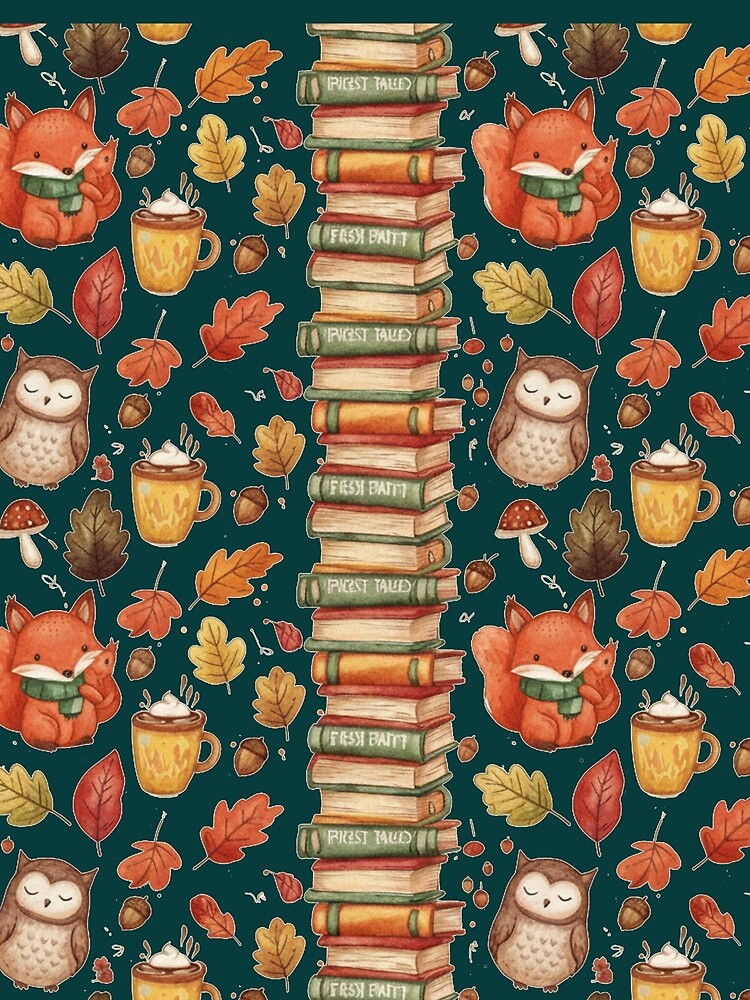 Cozy Autumn Woodland Pattern – Fox, Owl, Books & Coffee by CanvasFox