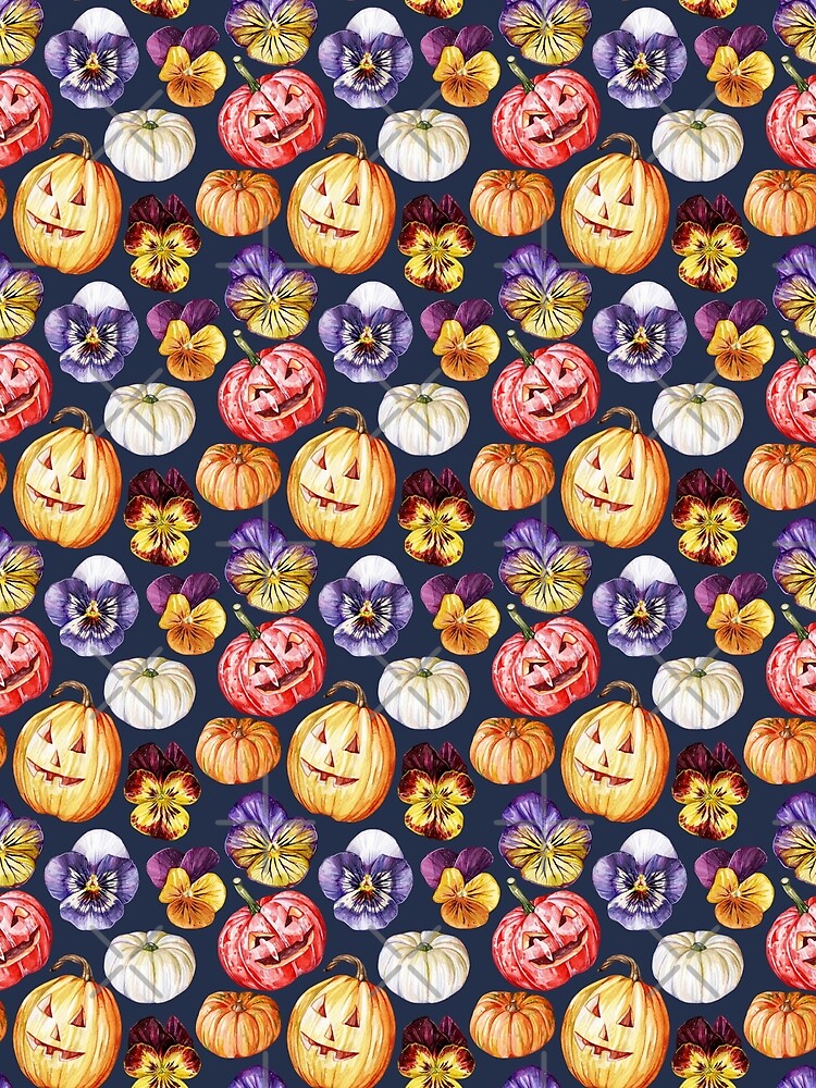 Halloween Pumpkins and Pansies Dark Blue Pattern by Katariina Purru