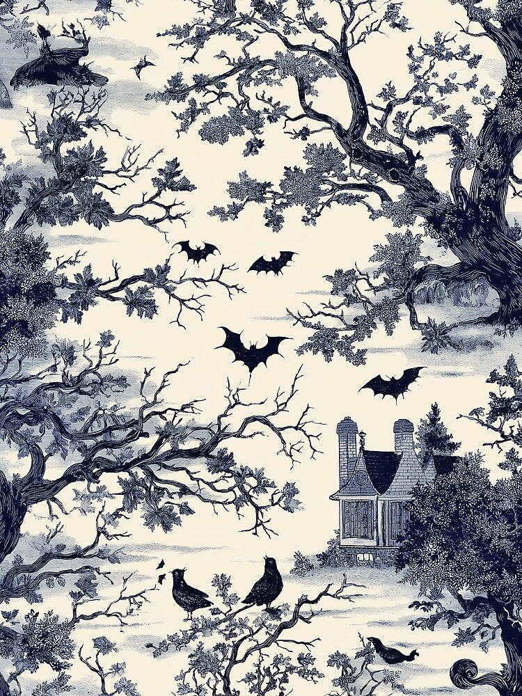 Halloween Toile in Black & White - Bats Crows Trees by TheBohemianLark