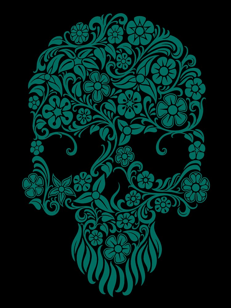 Teal Blue Flowers and Vines Sugar Skull by JeffBartels