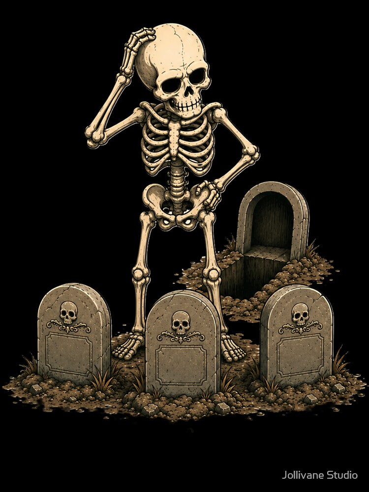 Funny Halloween Skeleton Lost His Grave – Spooky Cartoon Cemetery by Jollivane Studio