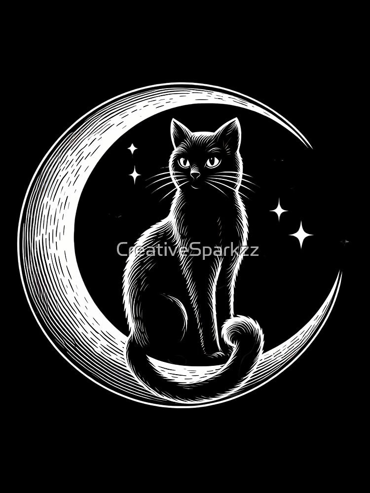 black cat sits on crescent moon by CreativeSparkzz