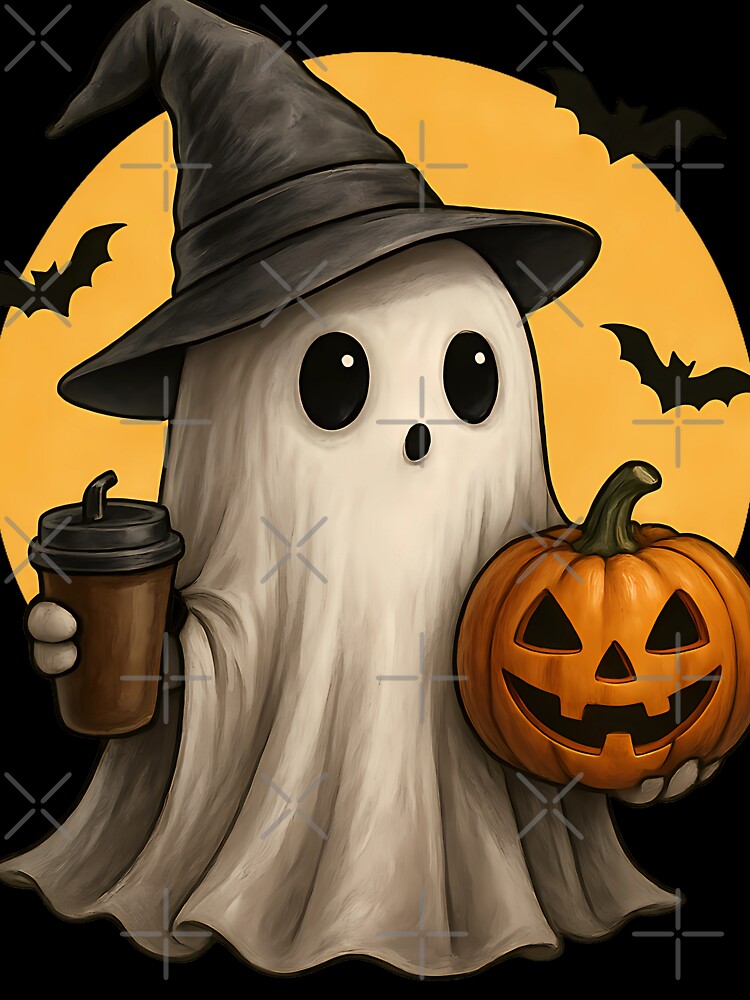Cute Halloween Ghost with Coffee and Pumpkin Illustration by Aurora Prints