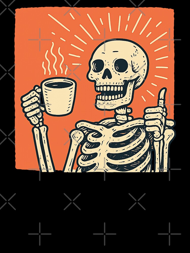 Skeleton Coffee Retro Illustration, Grinning Skeleton with Steaming Mug by Magnificent Lizard