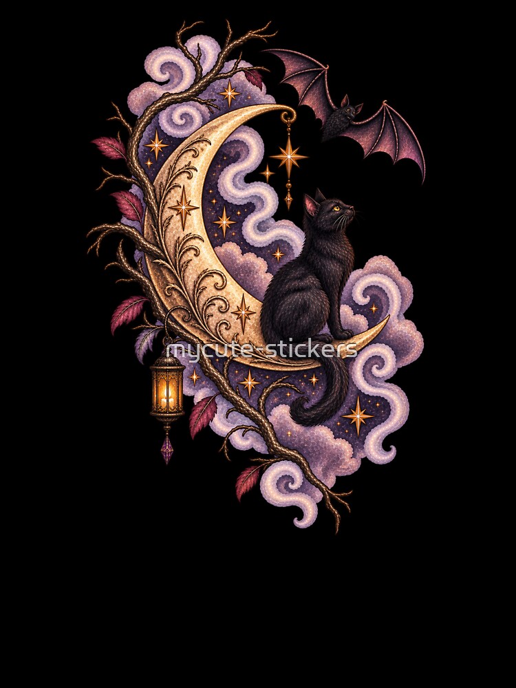 Black Cat Crescent Moon Halloween by mycute-stickers