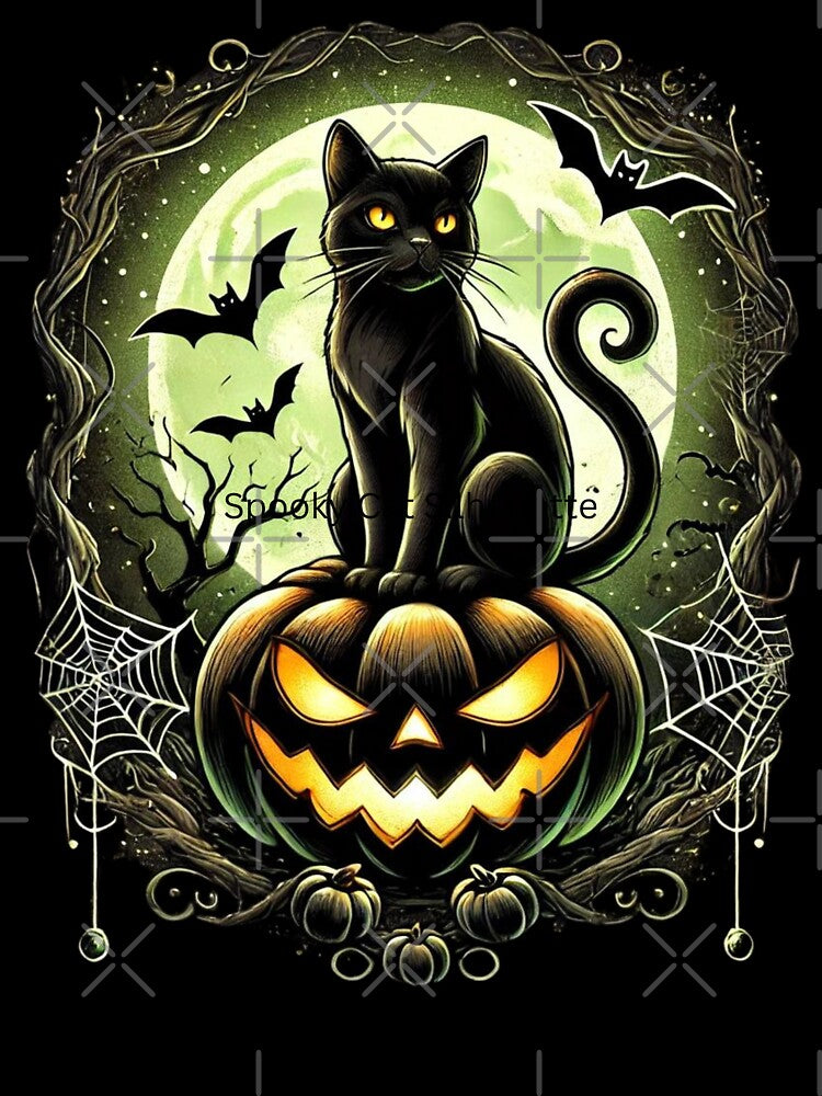 Spooky Cat and Pumpkin Funny Halloween Black Cat Shirt by cirereyes