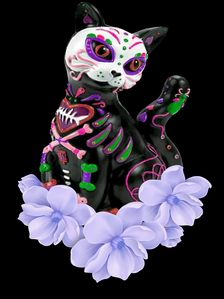 Day Of The Dead Sugar Skull Cat Purple Flowers by Atteestude