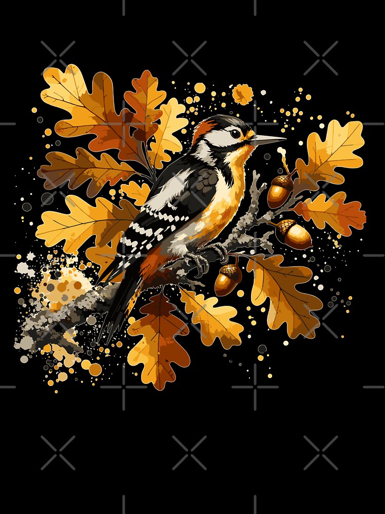 Watercolor Acorn Woodpecker in Autumn Oak Tree by ElLocoMus