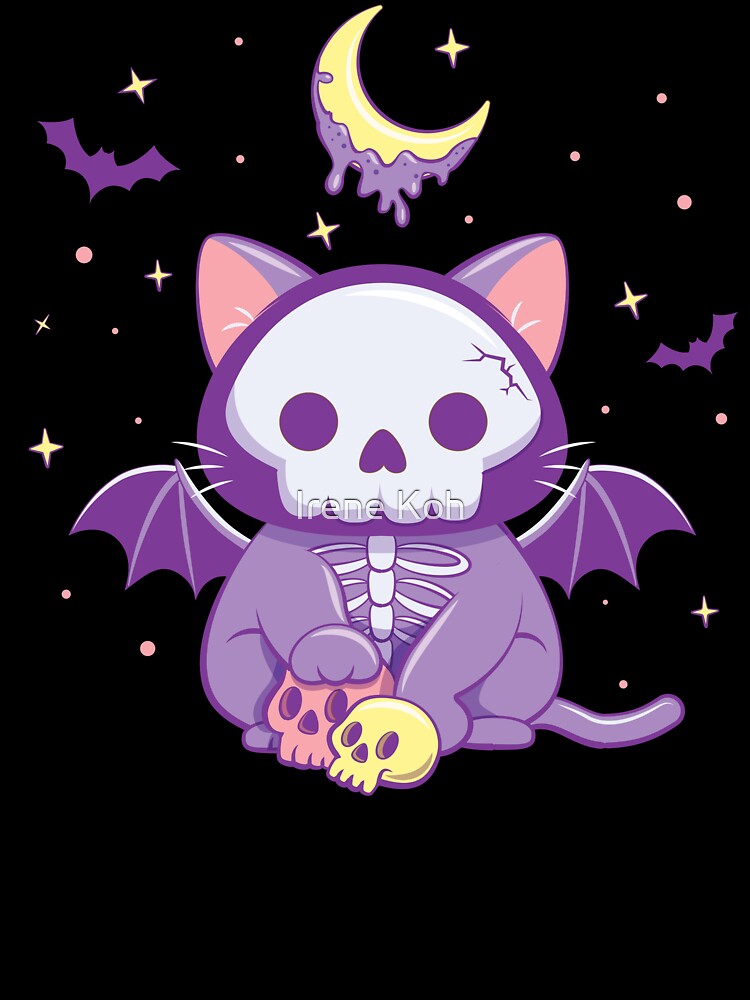 Spooky Skeleton Cat with Bats Purple Aesthetic Creepy Cute Kawaii Pastel Goth by Irene Koh