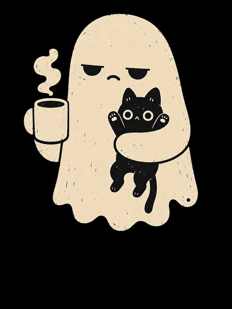 Grumpy Ghost Hugging a Black Cat with Coffee by Mavriboy