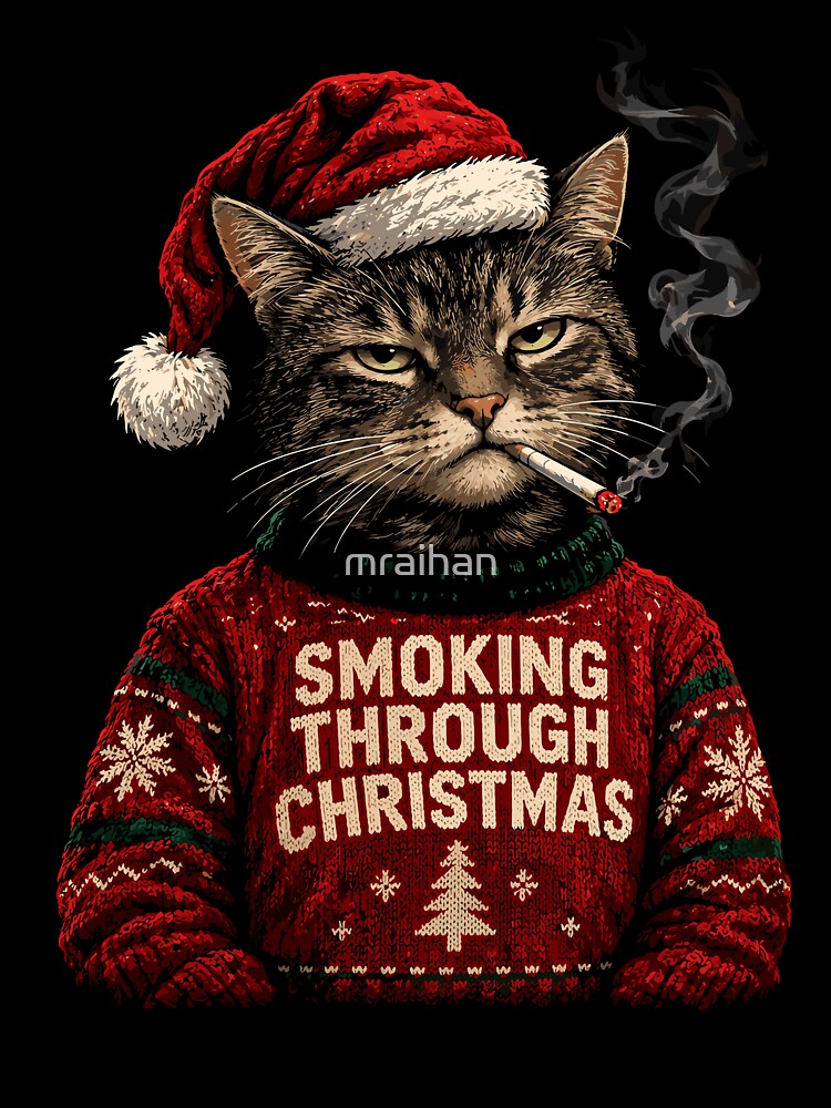 Merry Christmas Cat Smoking Funny Christmas Cat Holiday Gift by mraihan