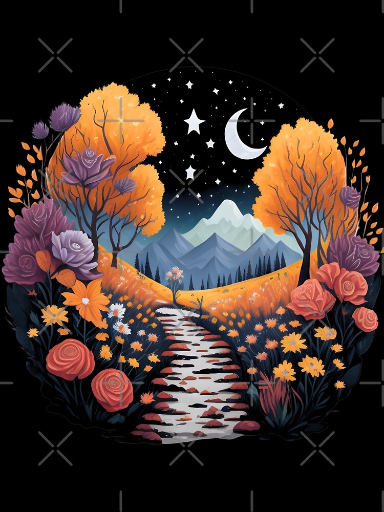Autumn Trees and Mountains Floral Moon and Stars by Shaymalily