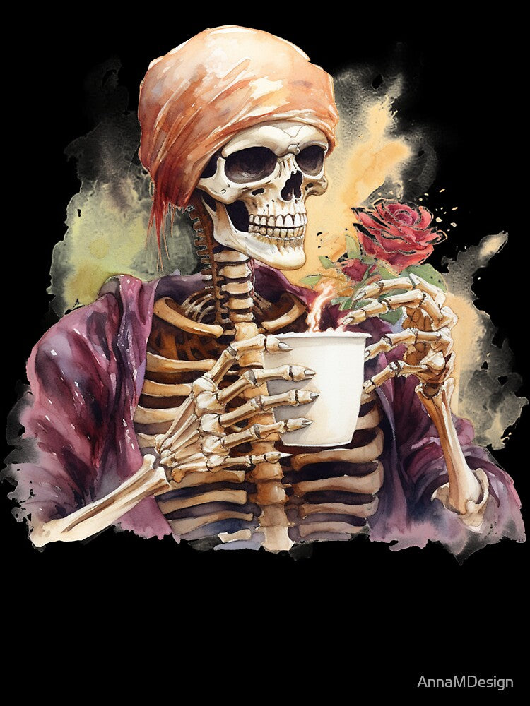Halloween Pirate Skeleton Drinking Coffee Watercolor Style by AnnaMDesign