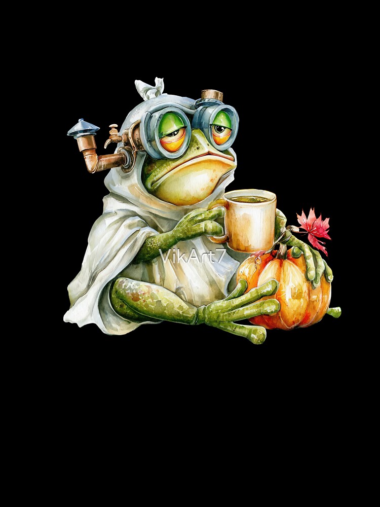 Tired Halloween Frog With Coffee and Pumpkin by VikArt7