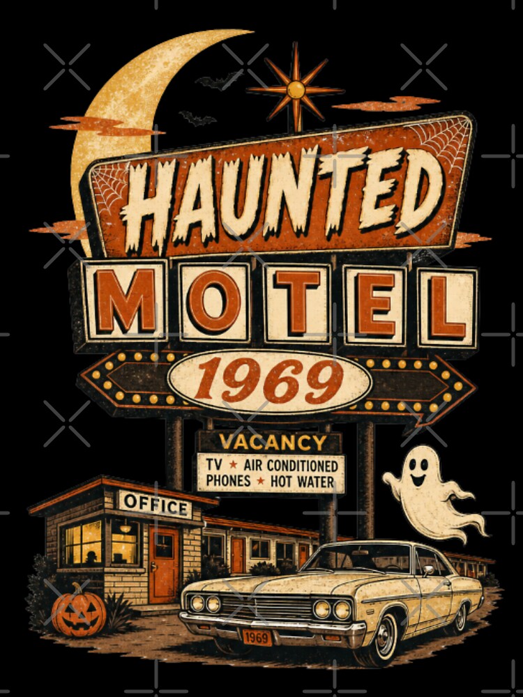 Haunted Motel Halloween 1969 – Vintage Retro Roadside Spooky Design by Artxotic Studio