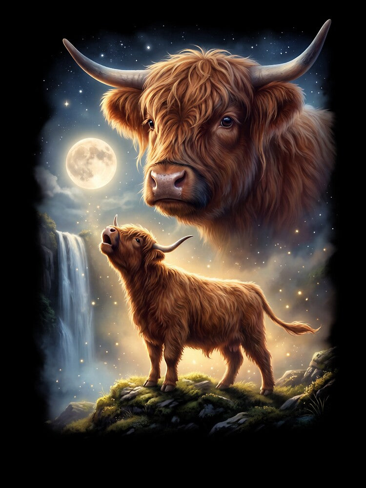 Highland Cow Howling Moon Art Animal Lover by DoodleTortle