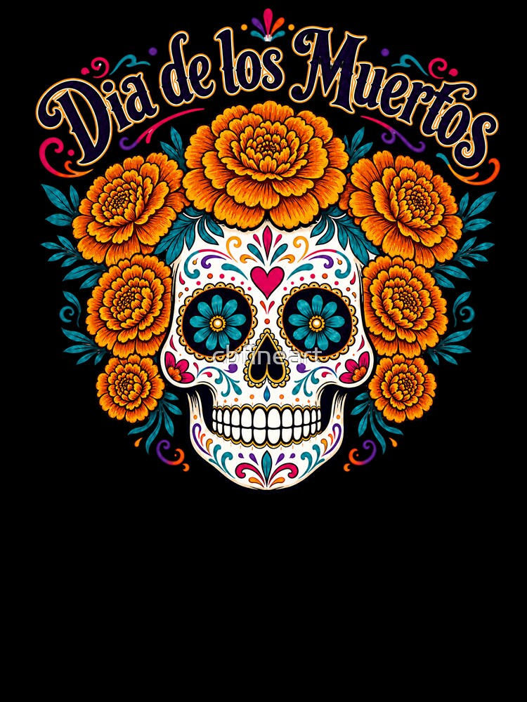 Dia de los Muertos Sugar Skull with Marigolds by cbfineart