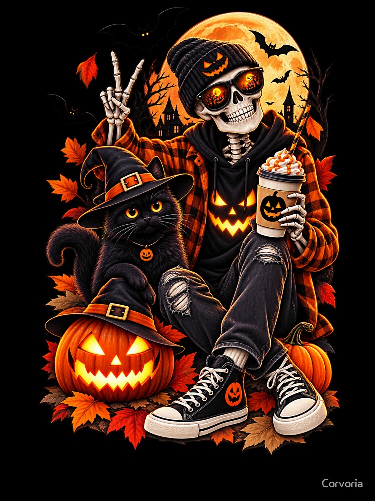 Skeleton Coffee Halloween Black Cat by Corvoria