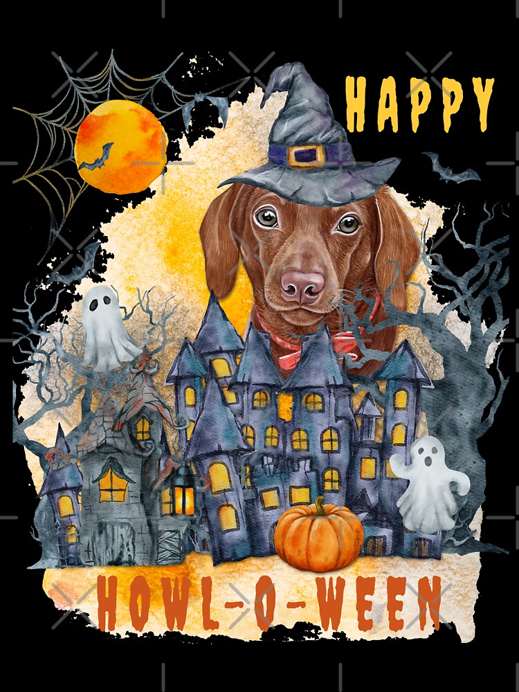 Dachshund Happy Howl-o-ween Ghost Houses Funny Watercolor by Cuddlythopia