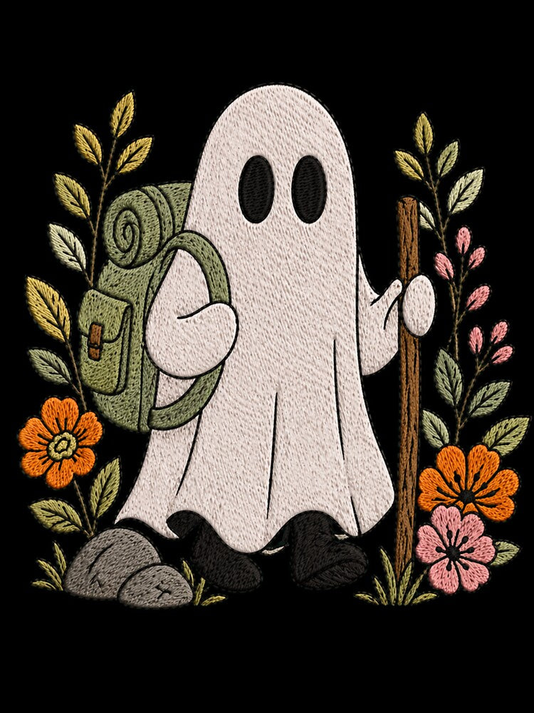 Hiking Ghost Cute Embroidery Style Adventure Ghost Nature Floral Aesthetic Design by ColorSplash123